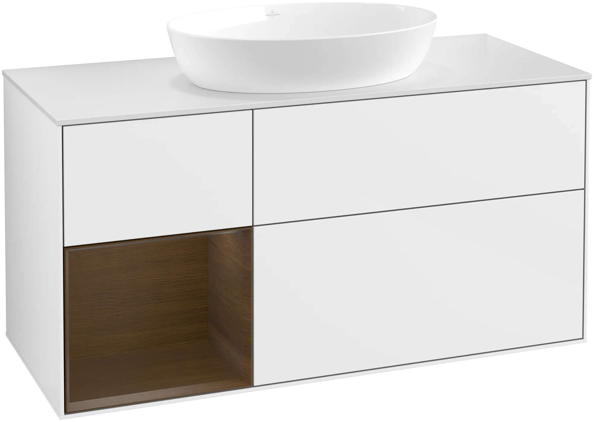 Bild von VILLEROY BOCH Finion Waschbeckenunterschrank, mit Beleuchtung, 3 Auszüge, 1200 x 603 x 501 mm, Glossy White Lacquer / Walnut Veneer / Glass White Matt #GA61GNGF