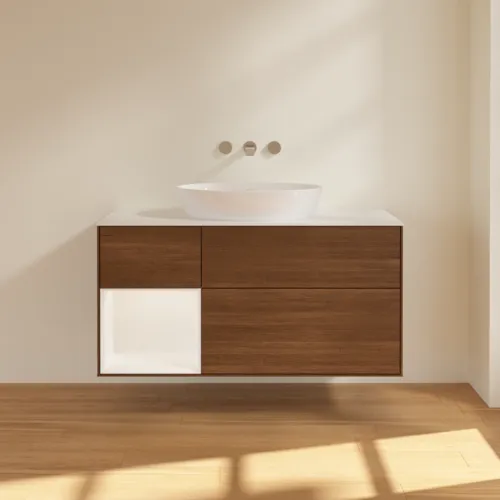 Bild von VILLEROY BOCH Finion Waschbeckenunterschrank, mit Beleuchtung, 3 Auszüge, 1200 x 603 x 501 mm, Walnut Veneer / White Matt Lacquer / Glass White Matt #GA61MTGN