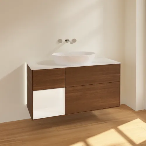 Bild von VILLEROY BOCH Finion Waschbeckenunterschrank, mit Beleuchtung, 3 Auszüge, 1200 x 603 x 501 mm, Walnut Veneer / White Matt Lacquer / Glass White Matt #GA61MTGN