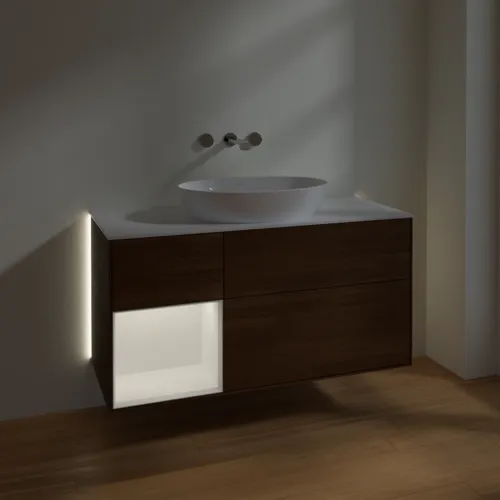 Bild von VILLEROY BOCH Finion Waschbeckenunterschrank, mit Beleuchtung, 3 Auszüge, 1200 x 603 x 501 mm, Walnut Veneer / White Matt Lacquer / Glass White Matt #GA61MTGN