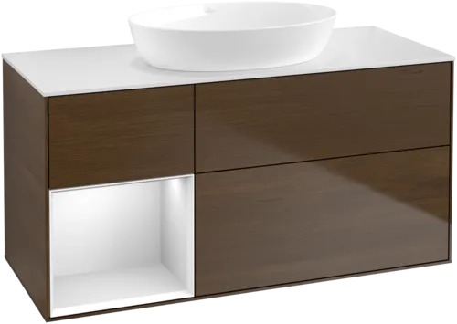 Bild von VILLEROY BOCH Finion Waschbeckenunterschrank, mit Beleuchtung, 3 Auszüge, 1200 x 603 x 501 mm, Walnut Veneer / White Matt Lacquer / Glass White Matt #GA61MTGN