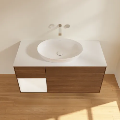 Bild von VILLEROY BOCH Finion Waschbeckenunterschrank, mit Beleuchtung, 3 Auszüge, 1200 x 603 x 501 mm, Walnut Veneer / White Matt Lacquer / Glass White Matt #GA61MTGN