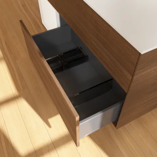 Bild von VILLEROY BOCH Finion Waschbeckenunterschrank, mit Beleuchtung, 3 Auszüge, 1200 x 603 x 501 mm, Walnut Veneer / White Matt Lacquer / Glass White Matt #GA61MTGN
