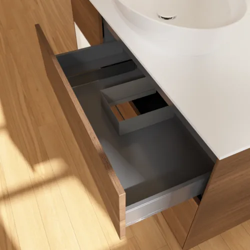 Bild von VILLEROY BOCH Finion Waschbeckenunterschrank, mit Beleuchtung, 3 Auszüge, 1200 x 603 x 501 mm, Walnut Veneer / White Matt Lacquer / Glass White Matt #GA61MTGN