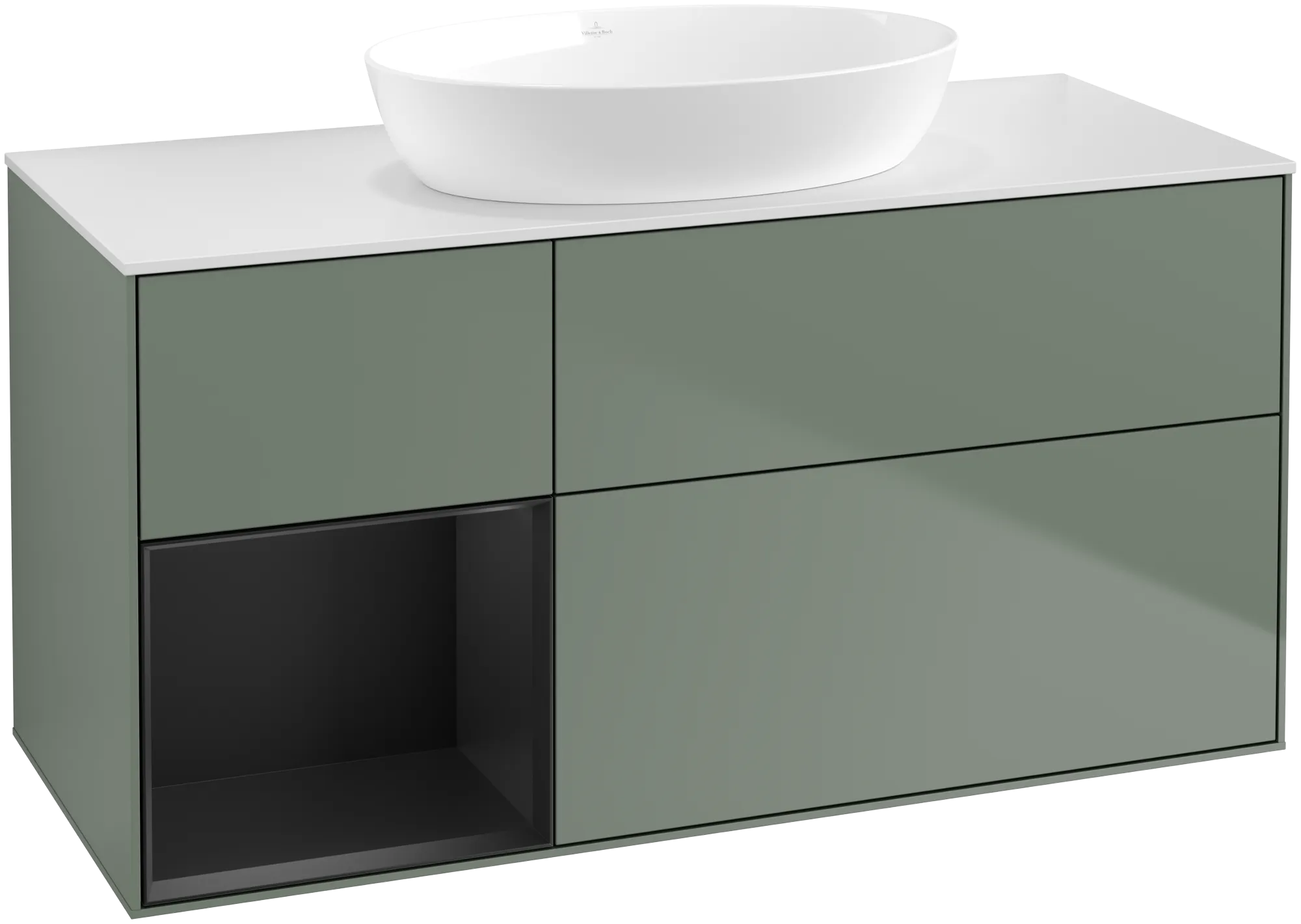 Bild von VILLEROY BOCH Finion Waschbeckenunterschrank, mit Beleuchtung, 3 Auszüge, 1200 x 603 x 501 mm, Olive Matt Lacquer / Black Matt Lacquer / Glass White Matt #GA61PDGM