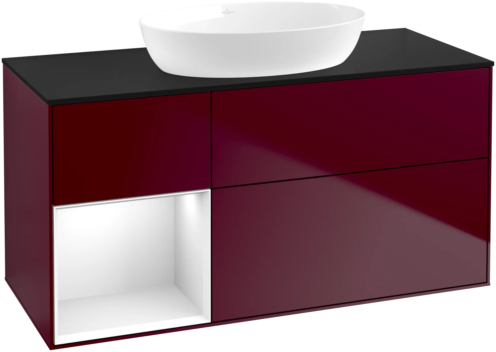 Bild von VILLEROY BOCH Finion Waschbeckenunterschrank, mit Beleuchtung, 3 Auszüge, 1200 x 603 x 501 mm, Peony Matt Lacquer / Glossy White Lacquer / Glass Black Matt #GA62GFHB