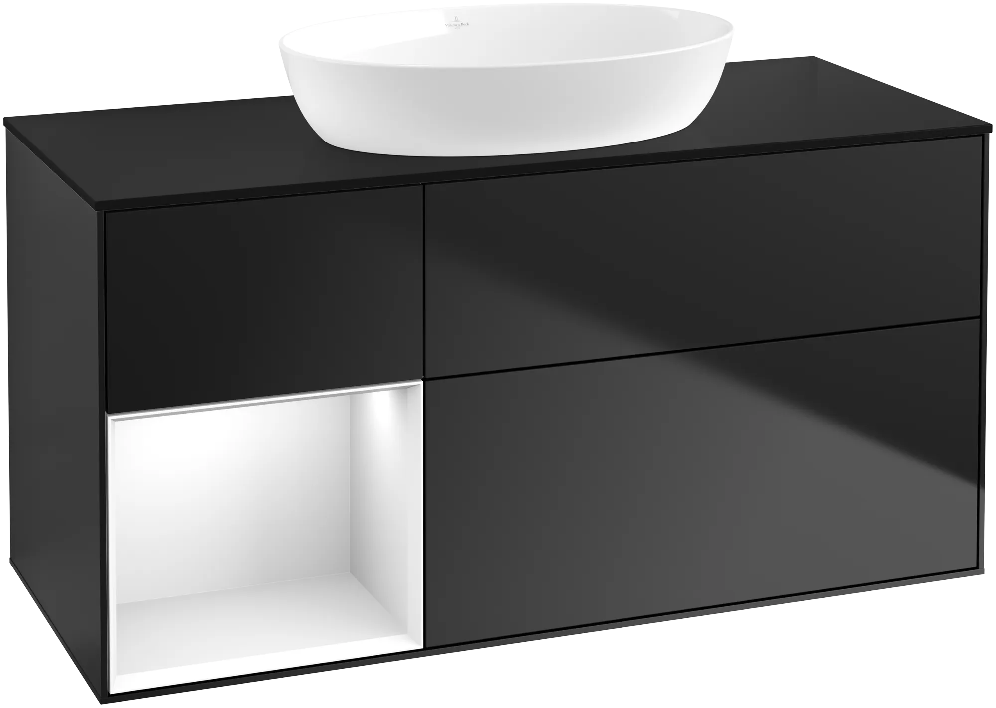 Obrázek VILLEROY BOCH Finion Vanity unit, with lighting, 3 pull-out compartments, 1200 x 603 x 501 mm, Black Matt Lacquer / Glossy White Lacquer / Glass Black Matt #GA62GFPD