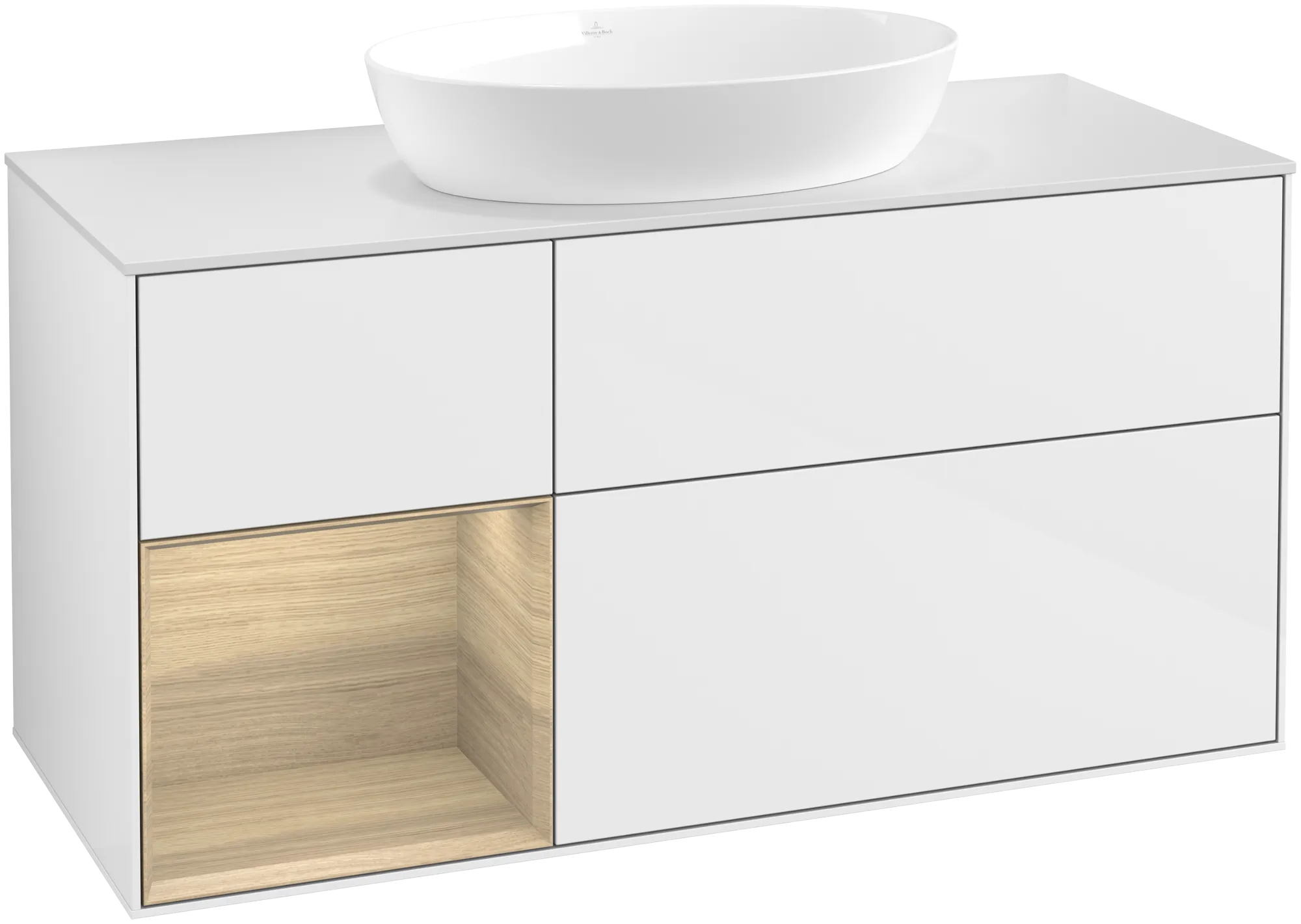 Bild von VILLEROY BOCH Finion Waschbeckenunterschrank, mit Beleuchtung, 3 Auszüge, 1200 x 603 x 501 mm, Glossy White Lacquer / Oak Veneer / Glass White Matt #GA61PCGF
