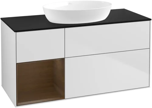 Obrázek VILLEROY BOCH Finion Vanity unit, with lighting, 3 pull-out compartments, 1200 x 603 x 501 mm, White Matt Lacquer / Walnut Veneer / Glass Black Matt #GA62GNMT