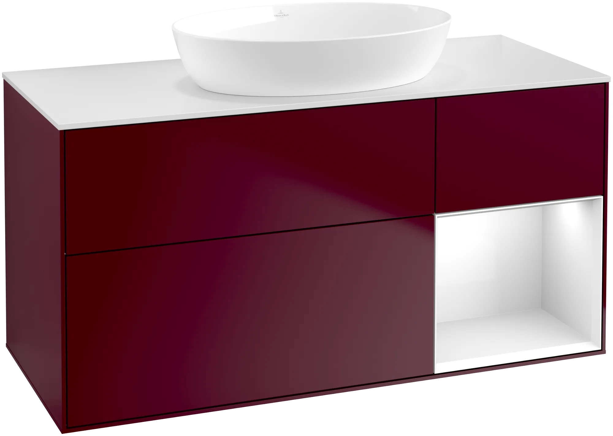 Bild von VILLEROY BOCH Finion Waschbeckenunterschrank, mit Beleuchtung, 3 Auszüge, 1200 x 603 x 501 mm, Peony Matt Lacquer / Glossy White Lacquer / Glass White Matt #GA71GFHB
