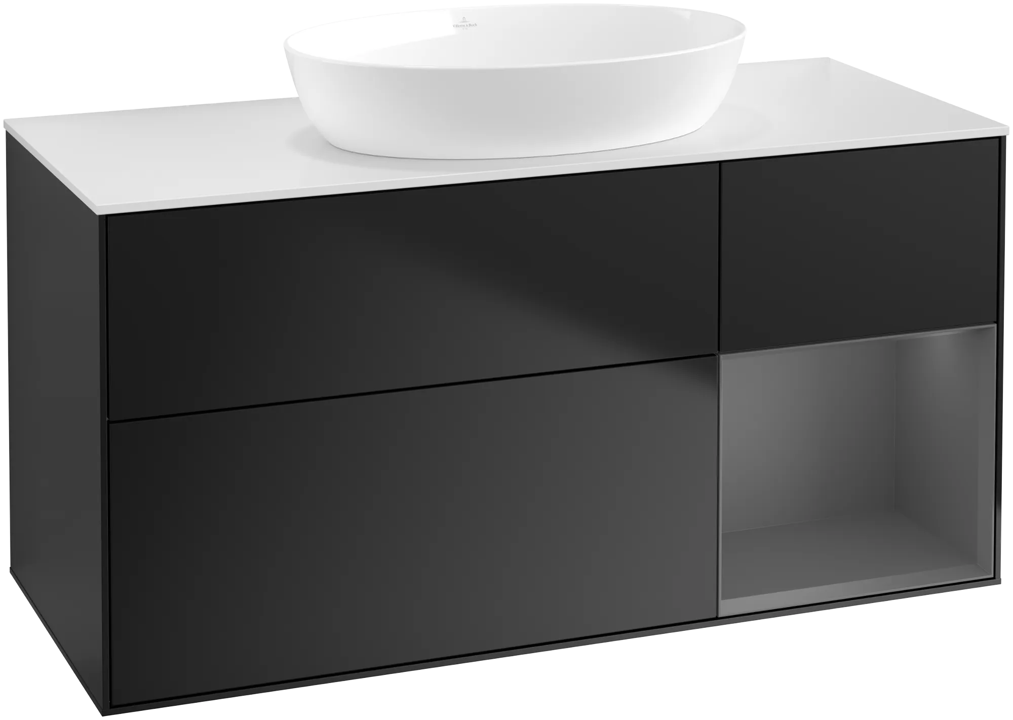 Bild von VILLEROY BOCH Finion Waschbeckenunterschrank, mit Beleuchtung, 3 Auszüge, 1200 x 603 x 501 mm, Black Matt Lacquer / Anthracite Matt Lacquer / Glass White Matt #GA71GKPD