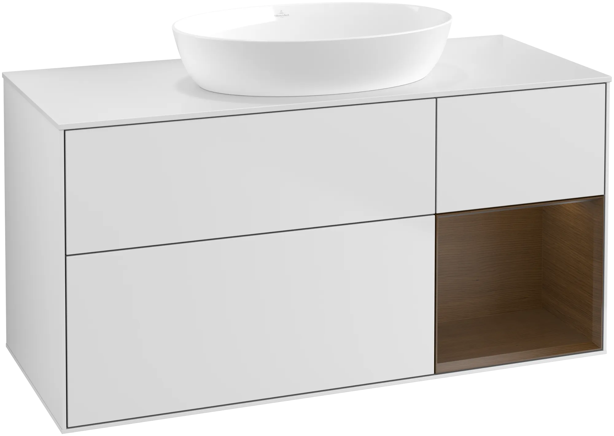 Bild von VILLEROY BOCH Finion Waschbeckenunterschrank, mit Beleuchtung, 3 Auszüge, 1200 x 603 x 501 mm, White Matt Lacquer / Walnut Veneer / Glass White Matt #GA71GNMT