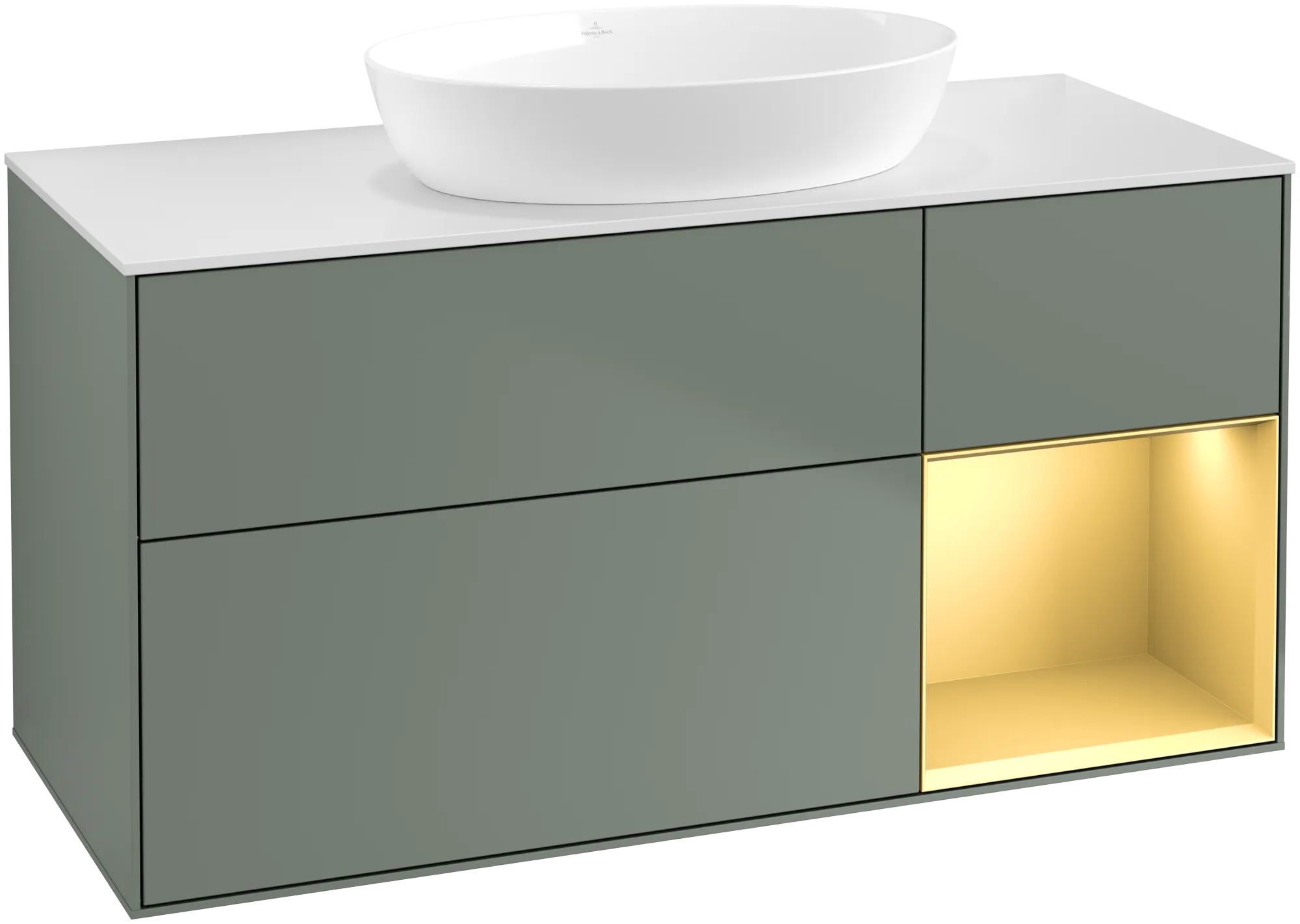 Bild von VILLEROY BOCH Finion Waschbeckenunterschrank, mit Beleuchtung, 3 Auszüge, 1200 x 603 x 501 mm, Olive Matt Lacquer / Gold Matt Lacquer / Glass White Matt #GA71HFGM