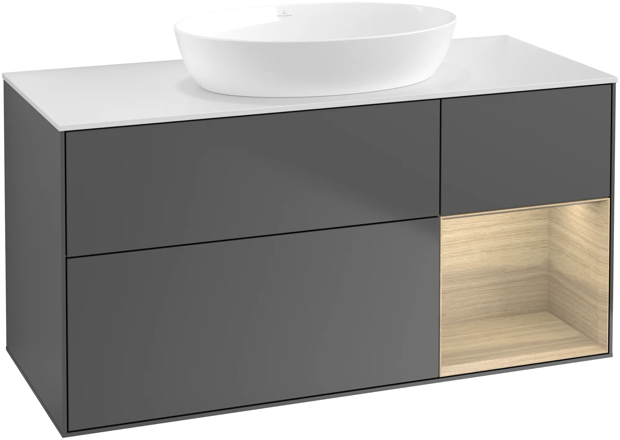 Obrázek VILLEROY BOCH Finion Vanity unit, with lighting, 3 pull-out compartments, 1200 x 603 x 501 mm, Anthracite Matt Lacquer / Oak Veneer / Glass White Matt #GA71PCGK