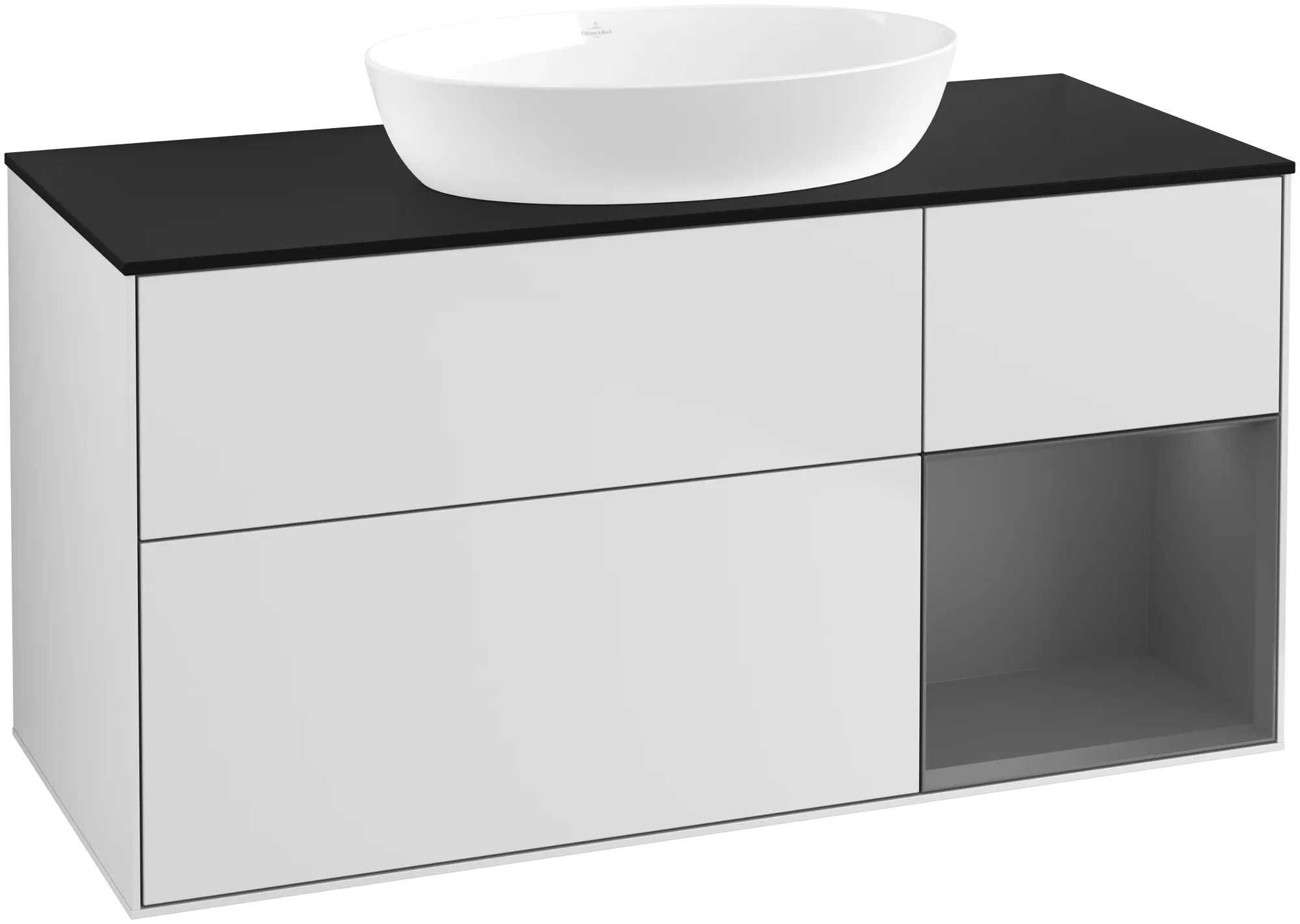 Bild von VILLEROY BOCH Finion Waschbeckenunterschrank, mit Beleuchtung, 3 Auszüge, 1200 x 603 x 501 mm, White Matt Lacquer / Anthracite Matt Lacquer / Glass Black Matt #GA72GKMT