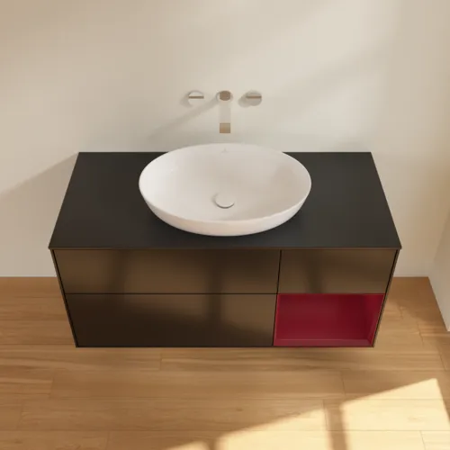 Bild von VILLEROY BOCH Finion Waschbeckenunterschrank, mit Beleuchtung, 3 Auszüge, 1200 x 603 x 501 mm, Black Matt Lacquer / Peony Matt Lacquer / Glass Black Matt #GA72HBPD