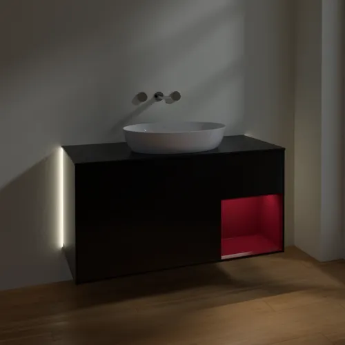 Bild von VILLEROY BOCH Finion Waschbeckenunterschrank, mit Beleuchtung, 3 Auszüge, 1200 x 603 x 501 mm, Black Matt Lacquer / Peony Matt Lacquer / Glass Black Matt #GA72HBPD