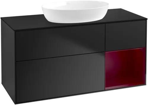 Bild von VILLEROY BOCH Finion Waschbeckenunterschrank, mit Beleuchtung, 3 Auszüge, 1200 x 603 x 501 mm, Black Matt Lacquer / Peony Matt Lacquer / Glass Black Matt #GA72HBPD