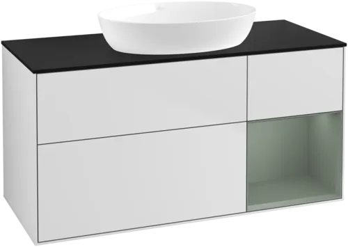 Bild von VILLEROY BOCH Finion Waschbeckenunterschrank, mit Beleuchtung, 3 Auszüge, 1200 x 603 x 501 mm, White Matt Lacquer / Olive Matt Lacquer / Glass Black Matt #GA72GMMT