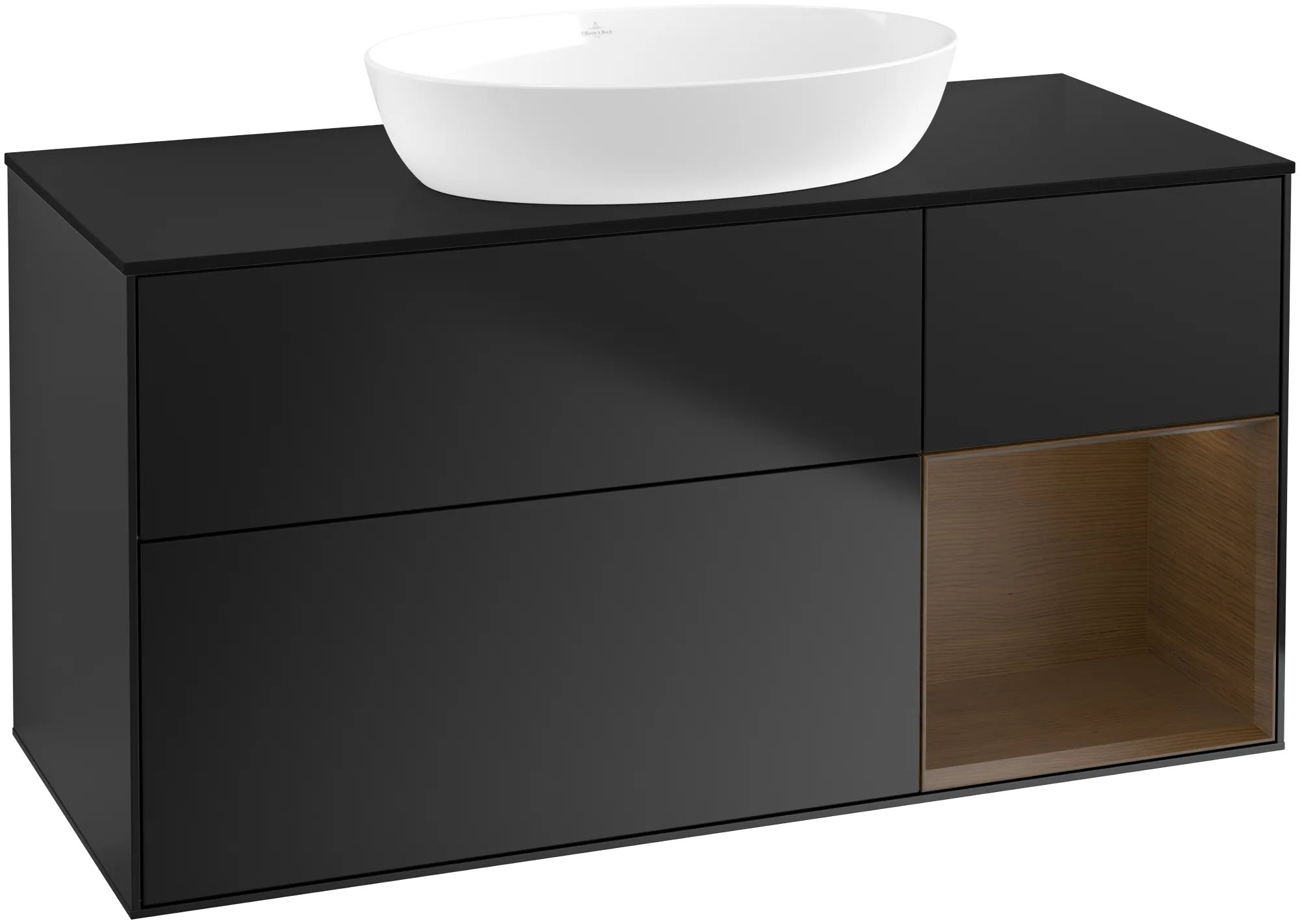 Bild von VILLEROY BOCH Finion Waschbeckenunterschrank, mit Beleuchtung, 3 Auszüge, 1200 x 603 x 501 mm, Black Matt Lacquer / Walnut Veneer / Glass Black Matt #GA72GNPD