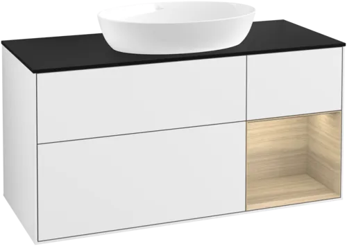 Bild von VILLEROY BOCH Finion Waschbeckenunterschrank, mit Beleuchtung, 3 Auszüge, 1200 x 603 x 501 mm, Glossy White Lacquer / Oak Veneer / Glass Black Matt #GA72PCGF