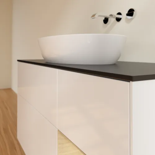 Bild von VILLEROY BOCH Finion Waschbeckenunterschrank, mit Beleuchtung, 3 Auszüge, 1200 x 603 x 501 mm, Glossy White Lacquer / Oak Veneer / Glass Black Matt #GA72PCGF