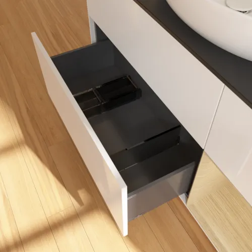 Bild von VILLEROY BOCH Finion Waschbeckenunterschrank, mit Beleuchtung, 3 Auszüge, 1200 x 603 x 501 mm, Glossy White Lacquer / Oak Veneer / Glass Black Matt #GA72PCGF