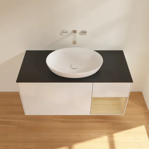 Bild von VILLEROY BOCH Finion Waschbeckenunterschrank, mit Beleuchtung, 3 Auszüge, 1200 x 603 x 501 mm, Glossy White Lacquer / Oak Veneer / Glass Black Matt #GA72PCGF