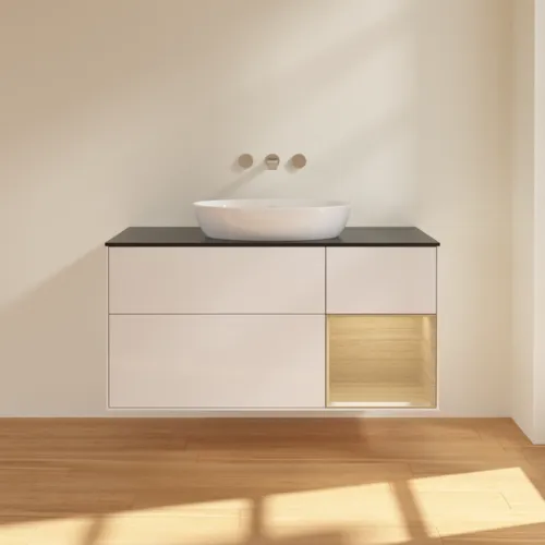 Bild von VILLEROY BOCH Finion Waschbeckenunterschrank, mit Beleuchtung, 3 Auszüge, 1200 x 603 x 501 mm, Glossy White Lacquer / Oak Veneer / Glass Black Matt #GA72PCGF