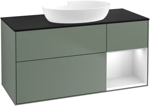Bild von VILLEROY BOCH Finion Waschbeckenunterschrank, mit Beleuchtung, 3 Auszüge, 1200 x 603 x 501 mm, Olive Matt Lacquer / White Matt Lacquer / Glass Black Matt #GA72MTGM
