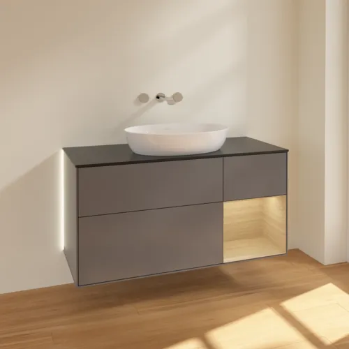 Bild von VILLEROY BOCH Finion Waschbeckenunterschrank, mit Beleuchtung, 3 Auszüge, 1200 x 603 x 501 mm, Anthracite Matt Lacquer / Oak Veneer / Glass Black Matt #GA72PCGK