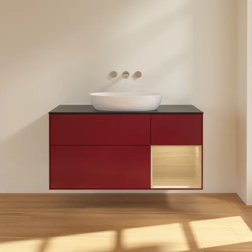 Bild von VILLEROY BOCH Finion Waschbeckenunterschrank, mit Beleuchtung, 3 Auszüge, 1200 x 603 x 501 mm, Peony Matt Lacquer / Oak Veneer / Glass Black Matt #GA72PCHB