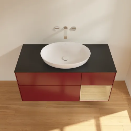 Bild von VILLEROY BOCH Finion Waschbeckenunterschrank, mit Beleuchtung, 3 Auszüge, 1200 x 603 x 501 mm, Peony Matt Lacquer / Oak Veneer / Glass Black Matt #GA72PCHB