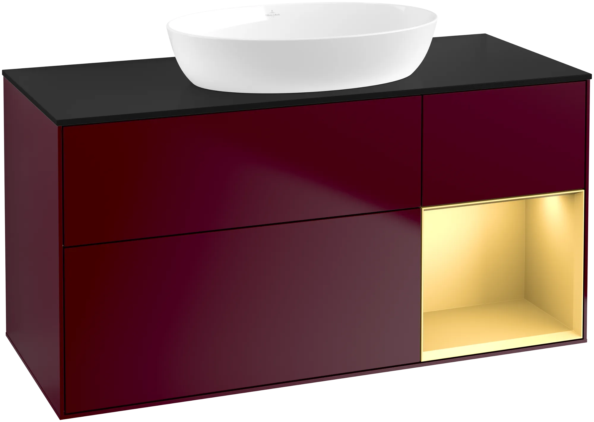 Bild von VILLEROY BOCH Finion Waschbeckenunterschrank, mit Beleuchtung, 3 Auszüge, 1200 x 603 x 501 mm, Peony Matt Lacquer / Gold Matt Lacquer / Glass Black Matt #GA72HFHB