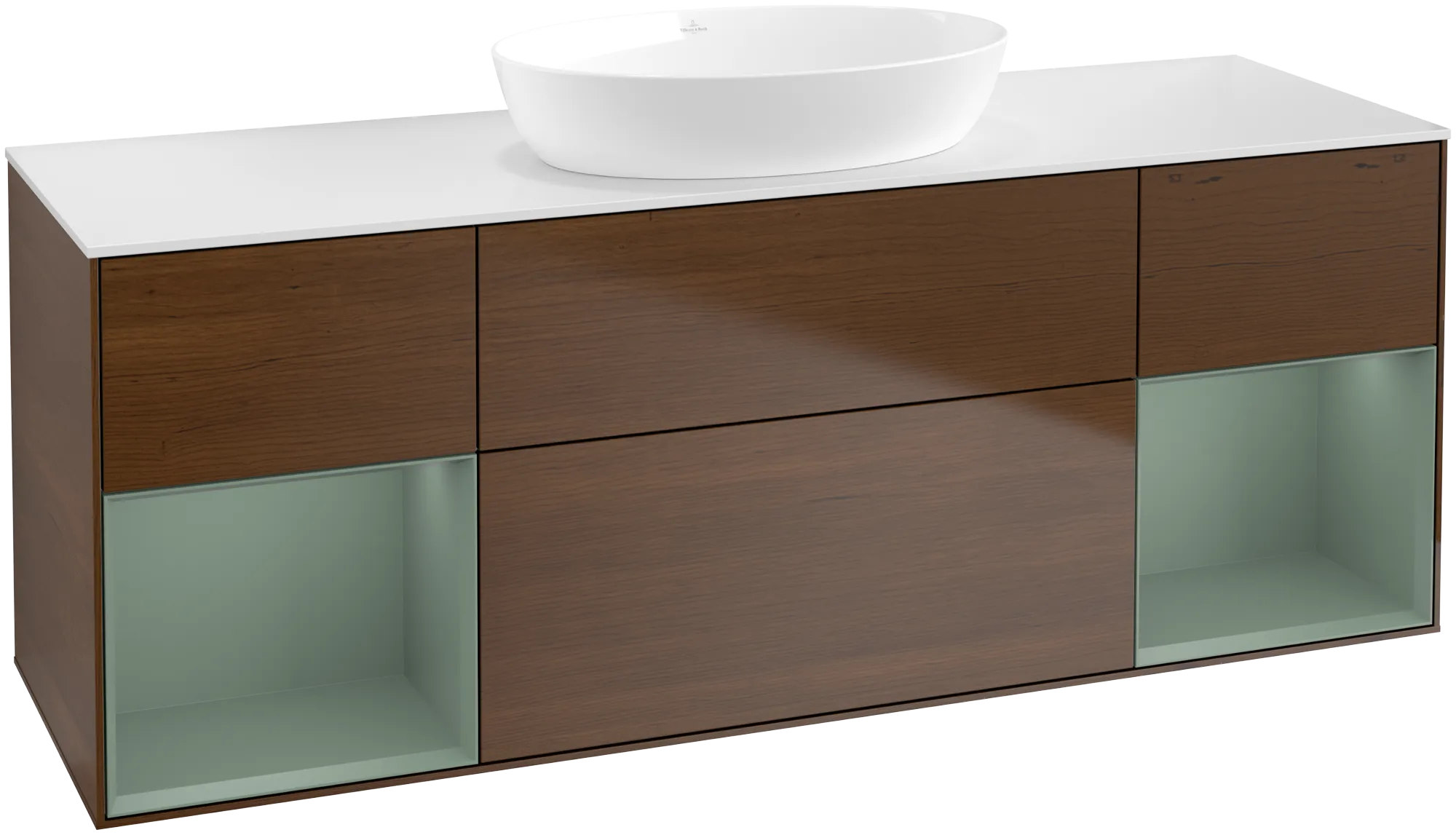 Bild von VILLEROY BOCH Finion Waschbeckenunterschrank, mit Beleuchtung, 4 Auszüge, 1600 x 603 x 501 mm, Walnut Veneer / Olive Matt Lacquer / Glass White Matt #GD01GMGN