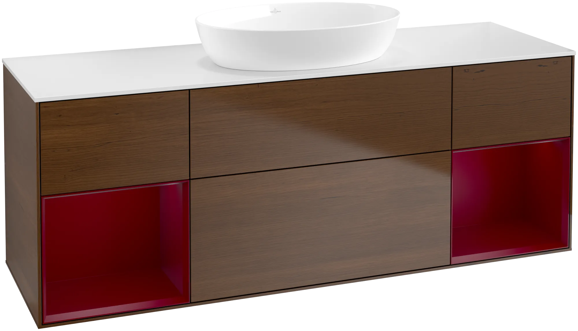 Obrázek VILLEROY BOCH Finion Vanity unit, with lighting, 4 pull-out compartments, 1600 x 603 x 501 mm, Walnut Veneer / Peony Matt Lacquer / Glass White Matt #GD01HBGN