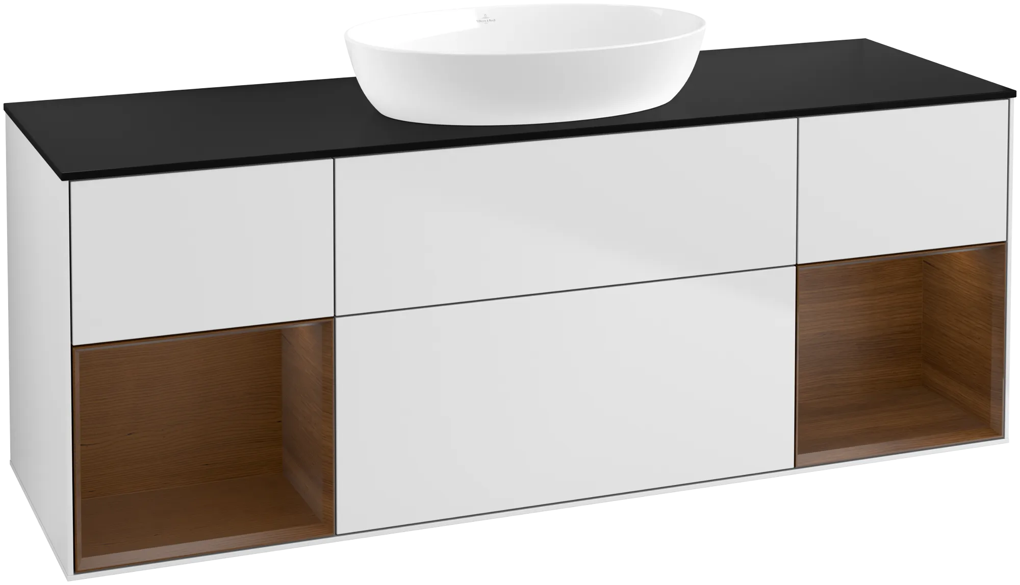 Bild von VILLEROY BOCH Finion Waschbeckenunterschrank, mit Beleuchtung, 4 Auszüge, 1600 x 603 x 501 mm, White Matt Lacquer / Walnut Veneer / Glass Black Matt #GD02GNMT