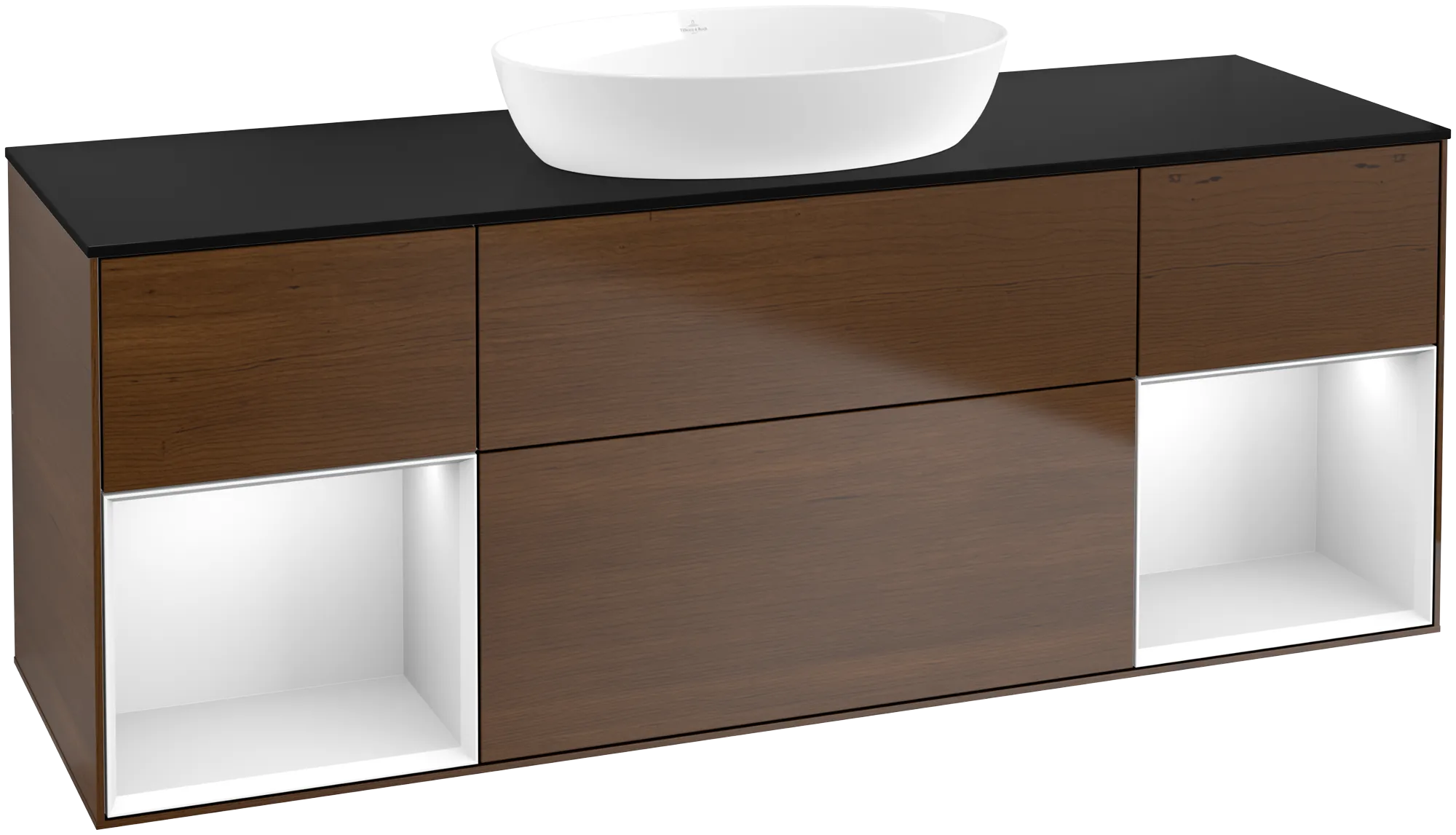 Bild von VILLEROY BOCH Finion Waschbeckenunterschrank, mit Beleuchtung, 4 Auszüge, 1600 x 603 x 501 mm, Walnut Veneer / White Matt Lacquer / Glass Black Matt #GD02MTGN