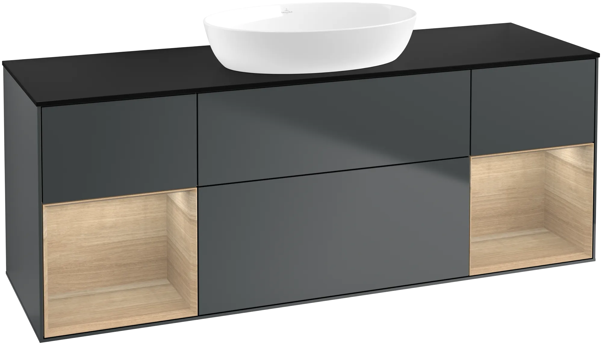 Bild von VILLEROY BOCH Finion Waschbeckenunterschrank, mit Beleuchtung, 4 Auszüge, 1600 x 603 x 501 mm, Midnight Blue Matt Lacquer / Oak Veneer / Glass Black Matt #GD02PCHG
