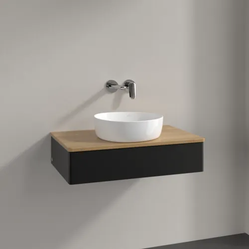 Bild von VILLEROY BOCH Antao Waschbeckenunterschrank, 1 Auszug, 800 x 190 x 500 mm, Front ohne Struktur, Black Matt Lacquer / Honey Oak #K08011PD