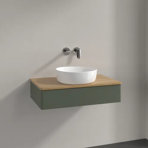 Bild von VILLEROY BOCH Antao Waschbeckenunterschrank, 1 Auszug, 800 x 190 x 500 mm, Front ohne Struktur, Leaf Green Matt Lacquer / Honey Oak #K08011HL