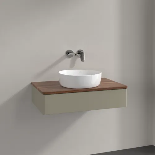 Bild von VILLEROY BOCH Antao Waschbeckenunterschrank, 1 Auszug, 800 x 190 x 500 mm, Front ohne Struktur, Stone Grey Matt Lacquer / Warm Walnut #K08012HK