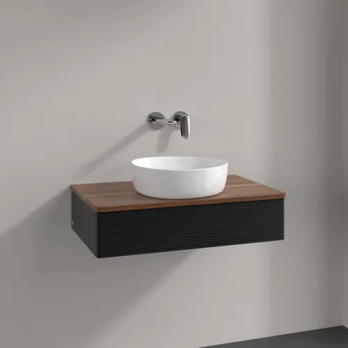 Bild von VILLEROY BOCH Antao Waschbeckenunterschrank, 1 Auszug, 800 x 190 x 500 mm, Front mit Struktur, Black Matt Lacquer / Warm Walnut #K08112PD