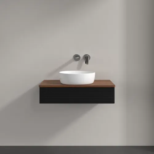 Bild von VILLEROY BOCH Antao Waschbeckenunterschrank, 1 Auszug, 800 x 190 x 500 mm, Front mit Struktur, Black Matt Lacquer / Warm Walnut #K08112PD