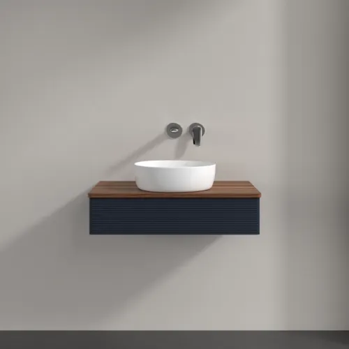 Bild von VILLEROY BOCH Antao Waschbeckenunterschrank, 1 Auszug, 800 x 190 x 500 mm, Front mit Struktur, Midnight Blue Matt Lacquer / Warm Walnut #K08112HG