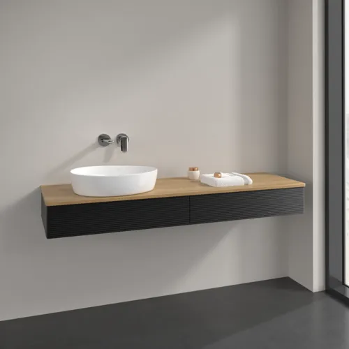 Bild von VILLEROY BOCH Antao Waschbeckenunterschrank, 2 Auszüge, 1600 x 190 x 500 mm, Front mit Struktur, Black Matt Lacquer / Honey Oak #K15111PD