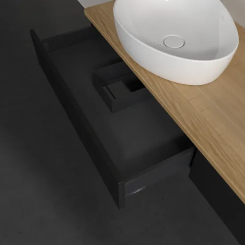 Bild von VILLEROY BOCH Antao Waschbeckenunterschrank, 2 Auszüge, 1600 x 190 x 500 mm, Front mit Struktur, Black Matt Lacquer / Honey Oak #K15111PD
