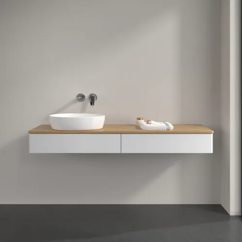 Bild von VILLEROY BOCH Antao Waschbeckenunterschrank, 2 Auszüge, 1600 x 190 x 500 mm, Front ohne Struktur, Glossy White Lacquer / Honey Oak #K15011GF