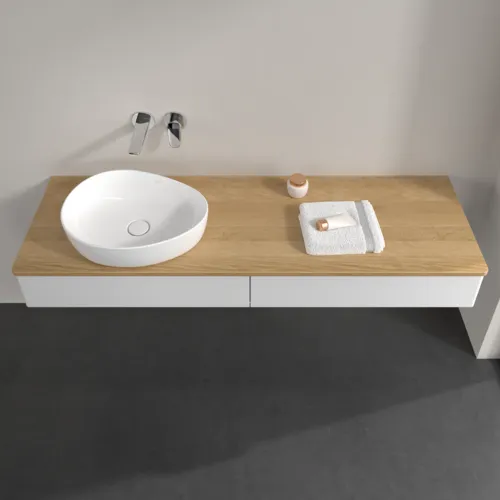 Bild von VILLEROY BOCH Antao Waschbeckenunterschrank, 2 Auszüge, 1600 x 190 x 500 mm, Front ohne Struktur, Glossy White Lacquer / Honey Oak #K15011GF