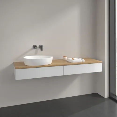 Bild von VILLEROY BOCH Antao Waschbeckenunterschrank, 2 Auszüge, 1600 x 190 x 500 mm, Front ohne Struktur, Glossy White Lacquer / Honey Oak #K15011GF